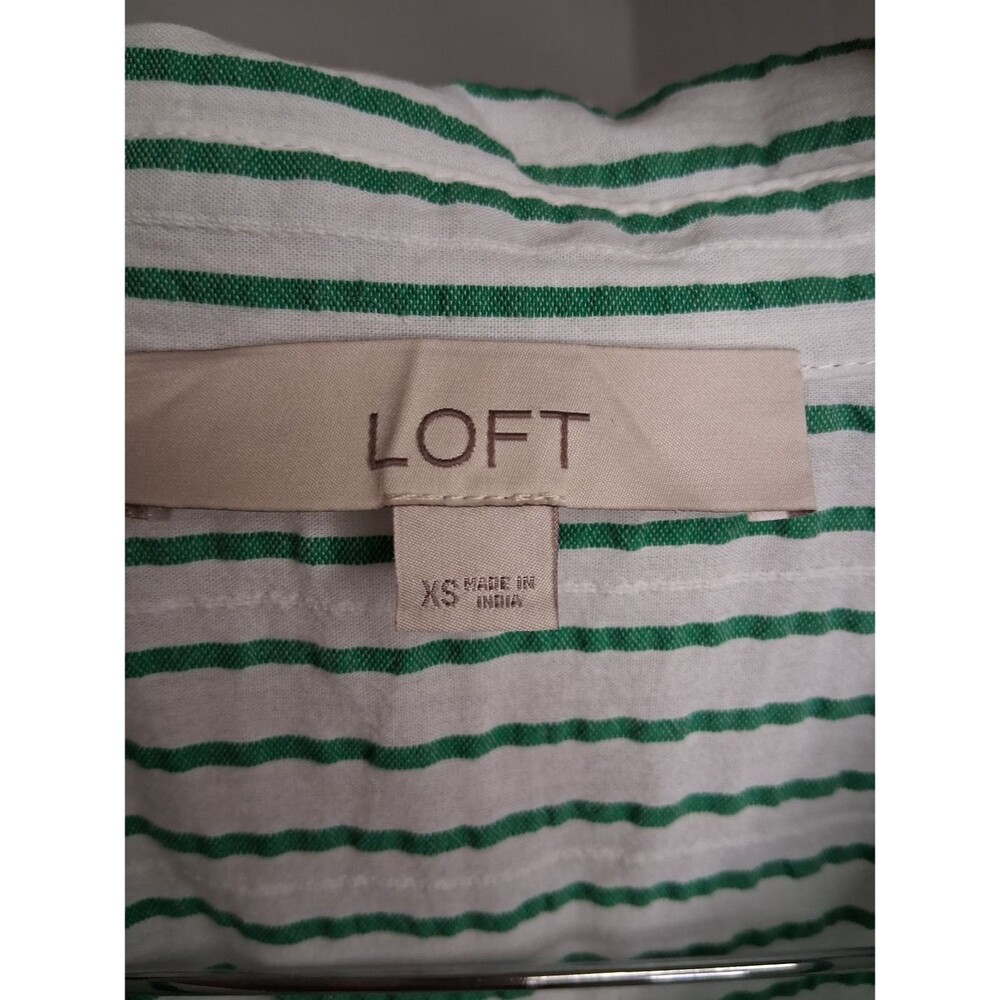 LOFT Green White Striped Button Down Shirt XS 100% Cotton Oversized Blouse - Picture 3 of 8